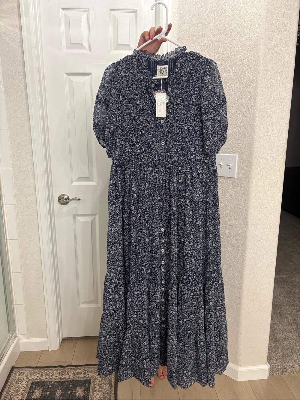 Navy Floral Button-Front Maxi Dress with Smocked Collar
